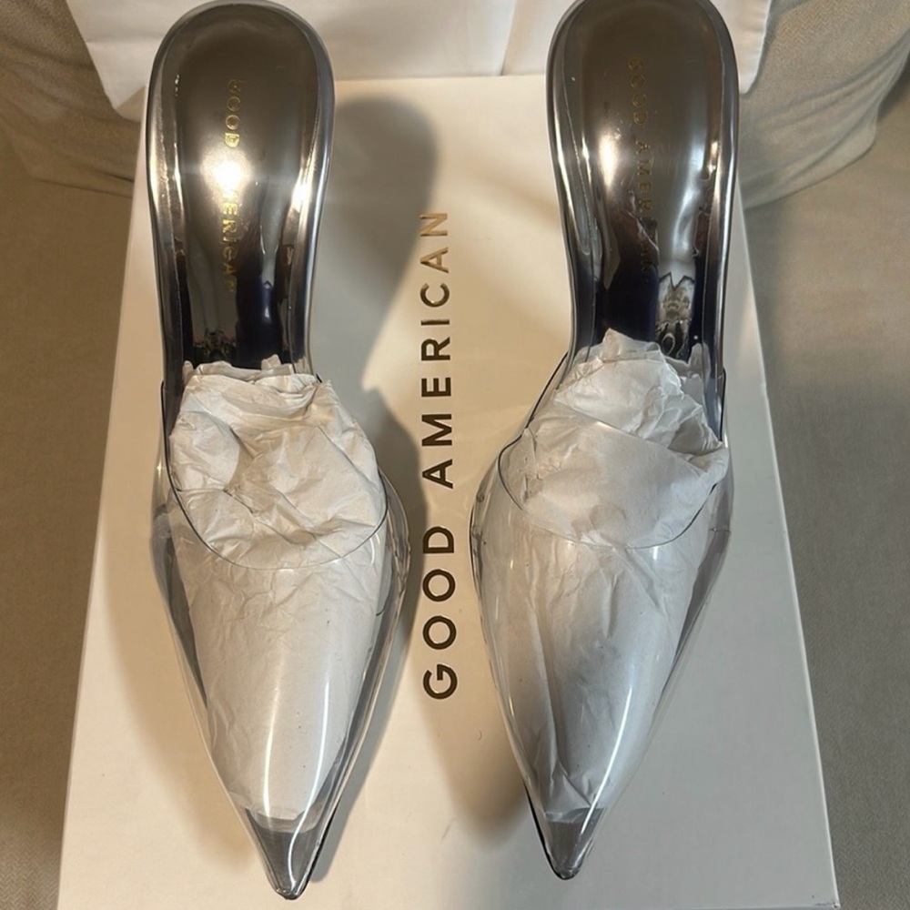 Good American Metallic Silver Mules